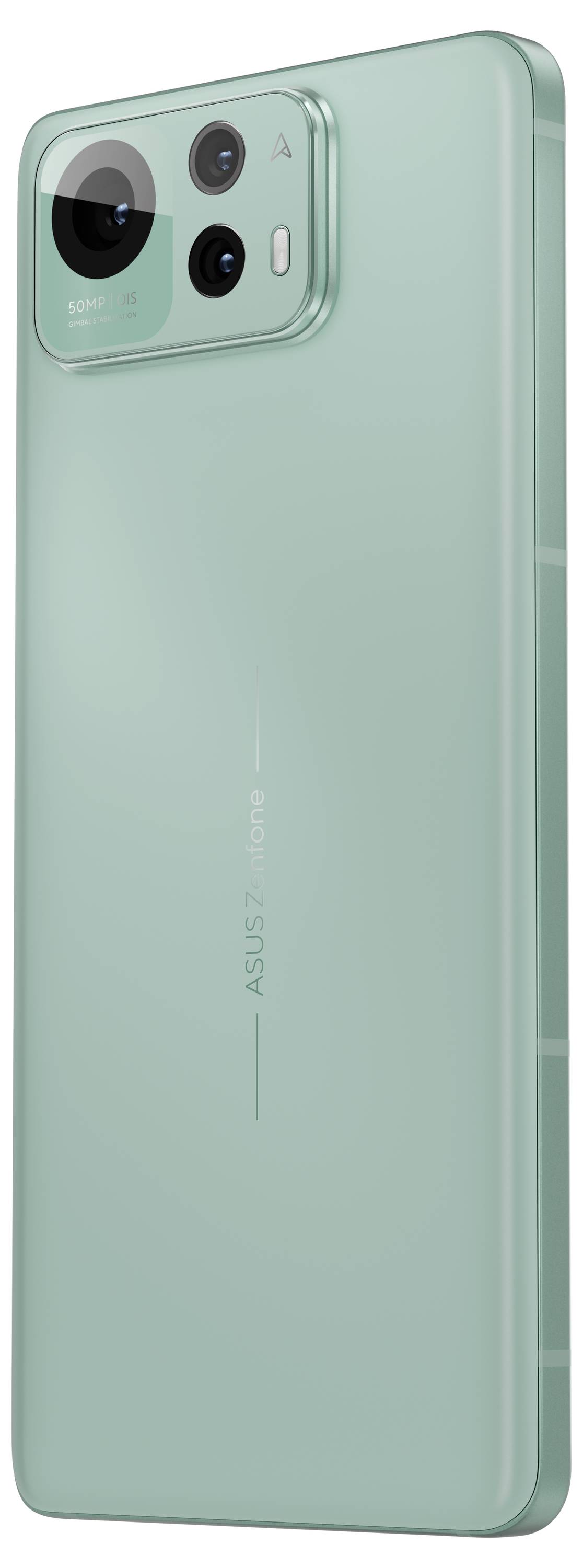 Grünes Smartphone mit drei Kameras auf der Rückseite und Aufschrift 'ASUS'.