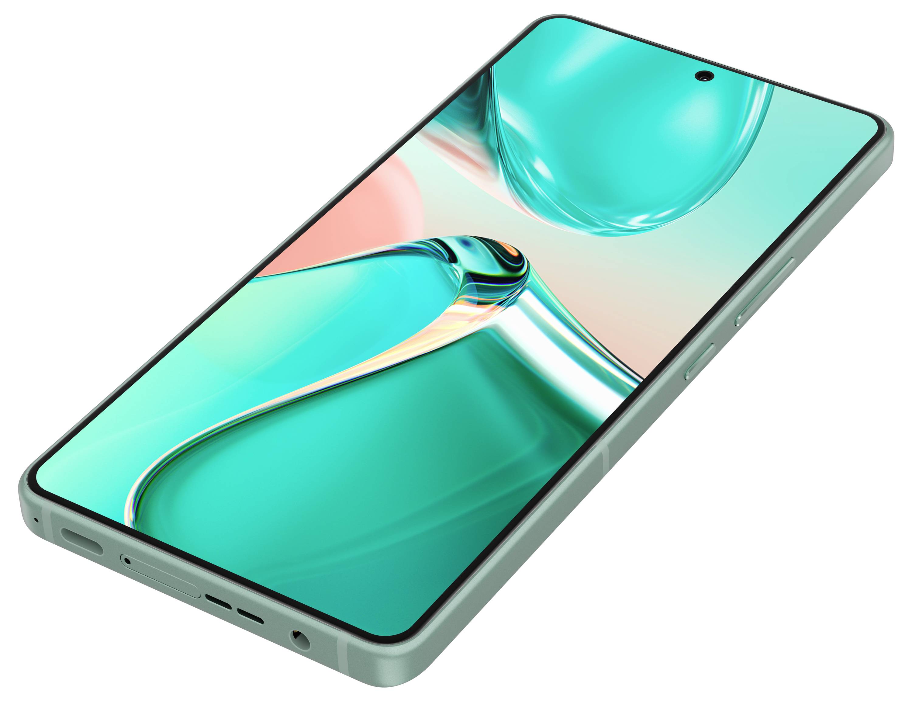 Ein modernes Smartphone mit grünem Gehäuse und Kamera in der Mitte des Bildschirms, das schräg von unten gezeigt wird.