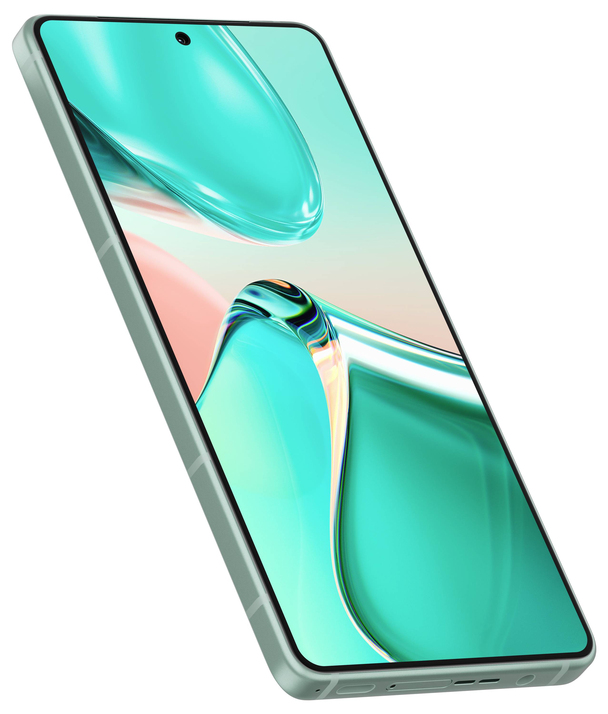 Ein Smartphone mit einem großen Display, das hellgrüne und rosa Farben zeigt. Es hat einen dünnen Rahmen und eine Vorderkamera oben.