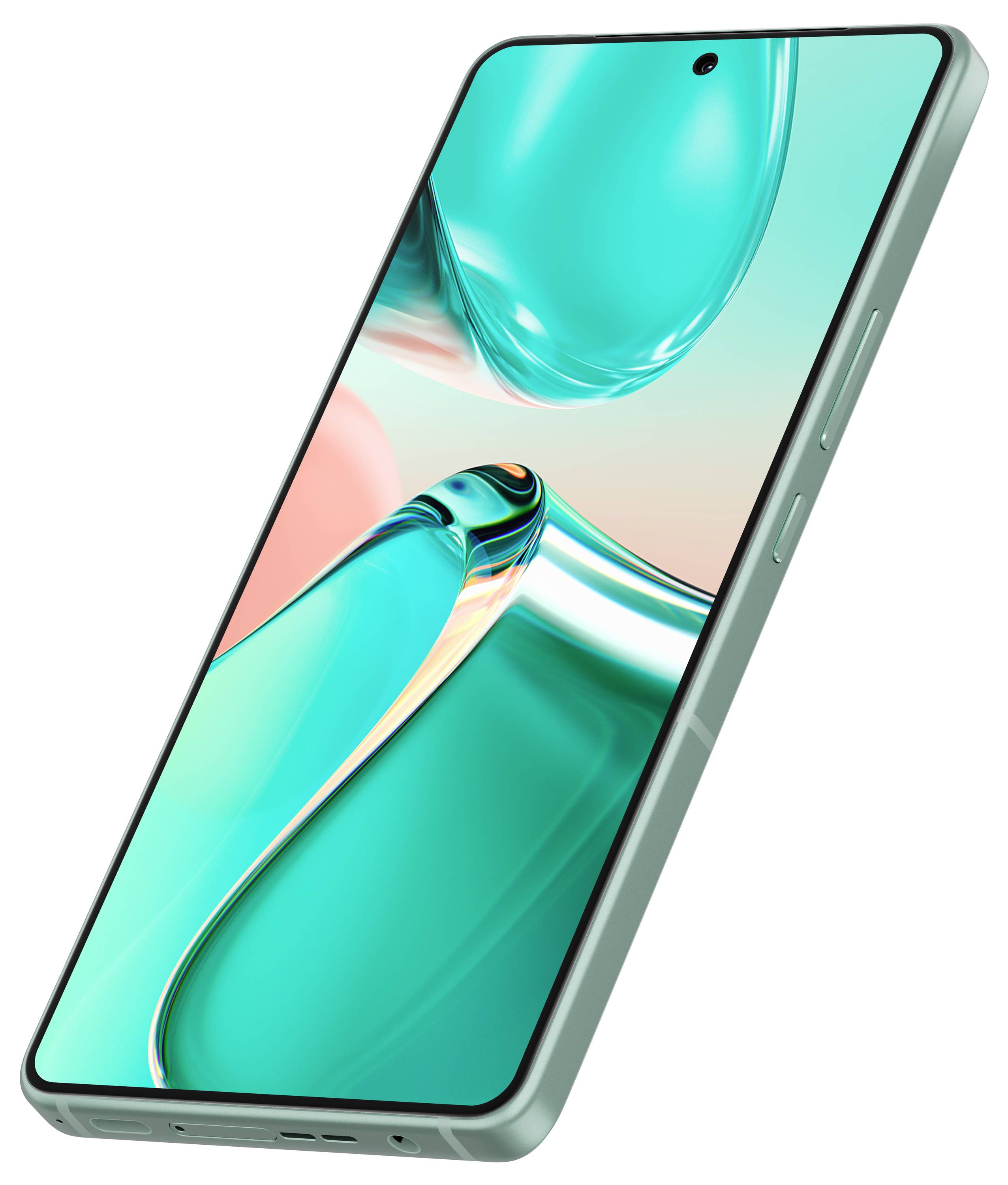 Smartphone mit modernem Design, grünlichem Bildschirm, Kamera-Aussparung oben und abgerundeten Kanten.