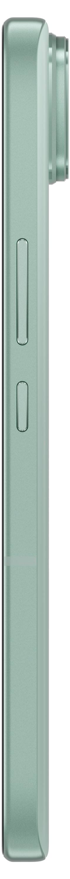 Das Bild zeigt die Seite eines schlanken, grünen Smartphones mit zwei sichtbaren Knöpfen.