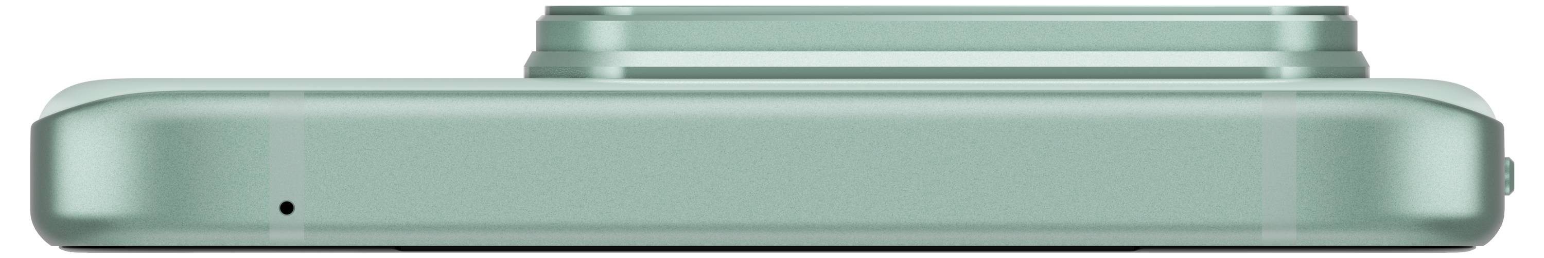 Horizontale Ansicht eines grünen Smartphones mit zwei Kameramodulen, die hervorragen.