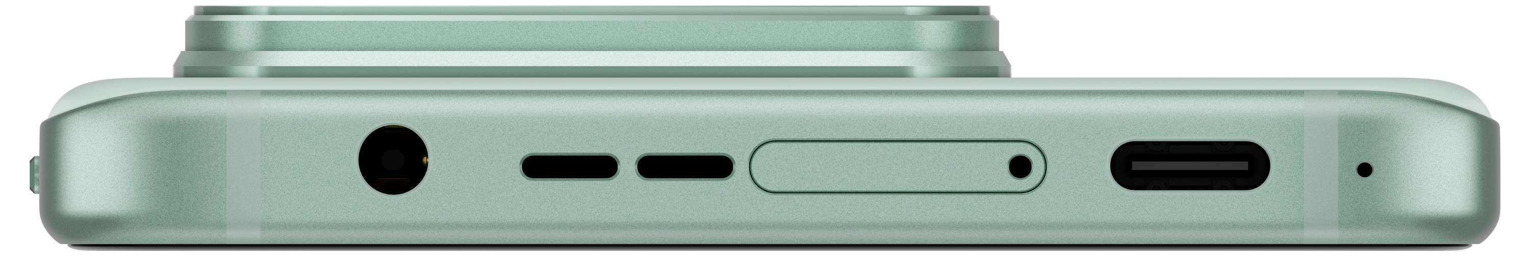 Smartphone-Unterseite in Mintgrün mit Audiobuchse, Lautsprechergitter, SIM-Kartenfach und USB-C-Anschluss.