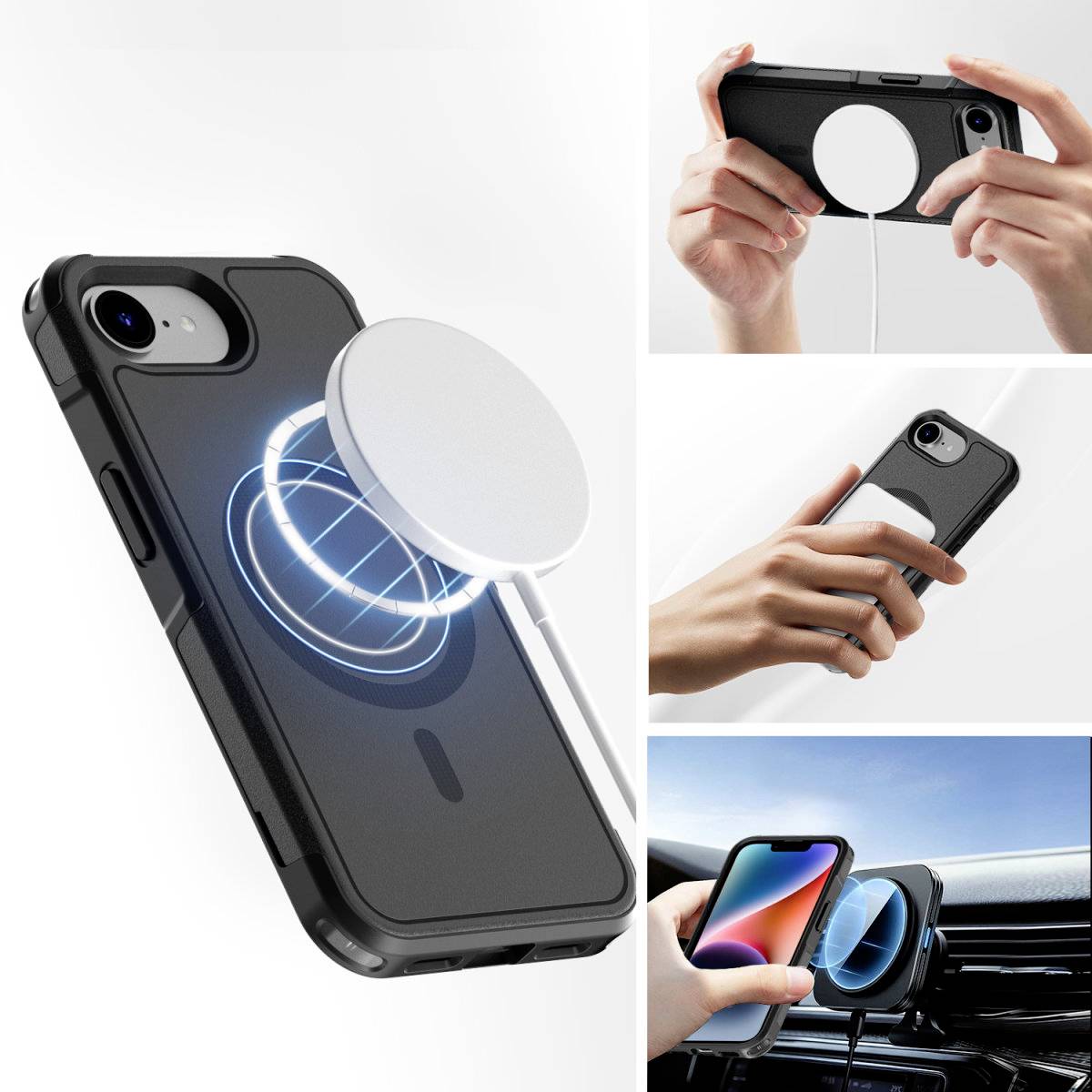 Vier Bilder eines kabellosen Ladegeräts: a) Ladegerät auf Handyhülle b) Handy wird geladen c) Ladegerät in Hand d) Handy im Auto mit Ladegerät.