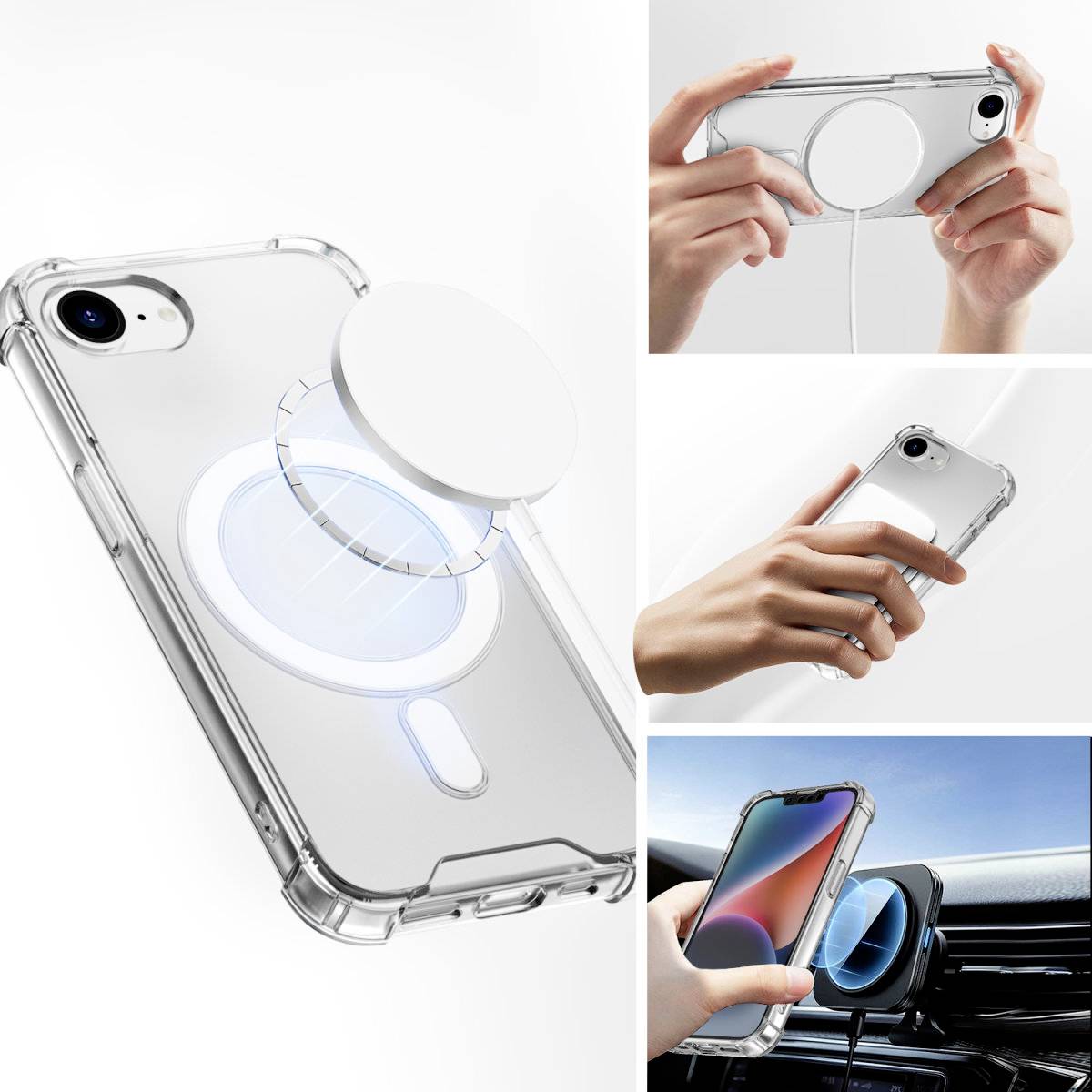 Transparente Handyhülle zeigt drahtlose Ladefunktion und MagSafe-Kompatibilität. Nahaufnahmen der Hülle, Ladepad, und Nutzung im Auto.