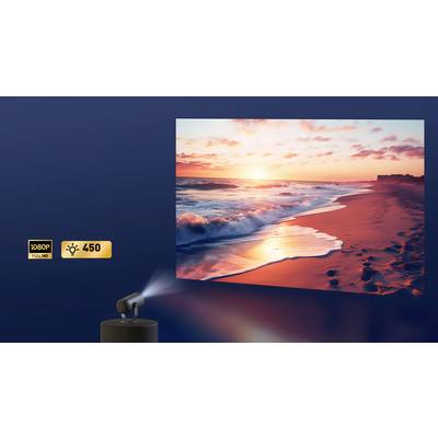 'Beamer projiziert ein Bild von einem Sonnenuntergang am Strand mit sanften Wellen. Anzeige: 1080P Full HD, Helligkeit 450 Lumen.'