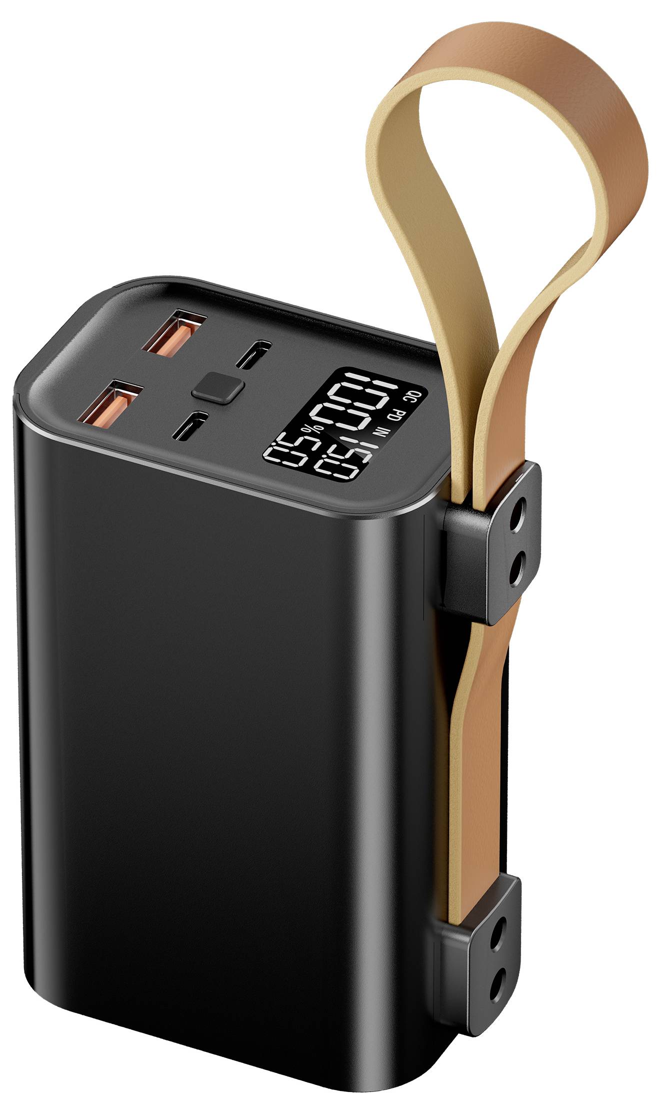 'Schwarze Powerbank mit digitaler Anzeige, zwei USB-Anschlüssen und brauner Trageschlaufe.'