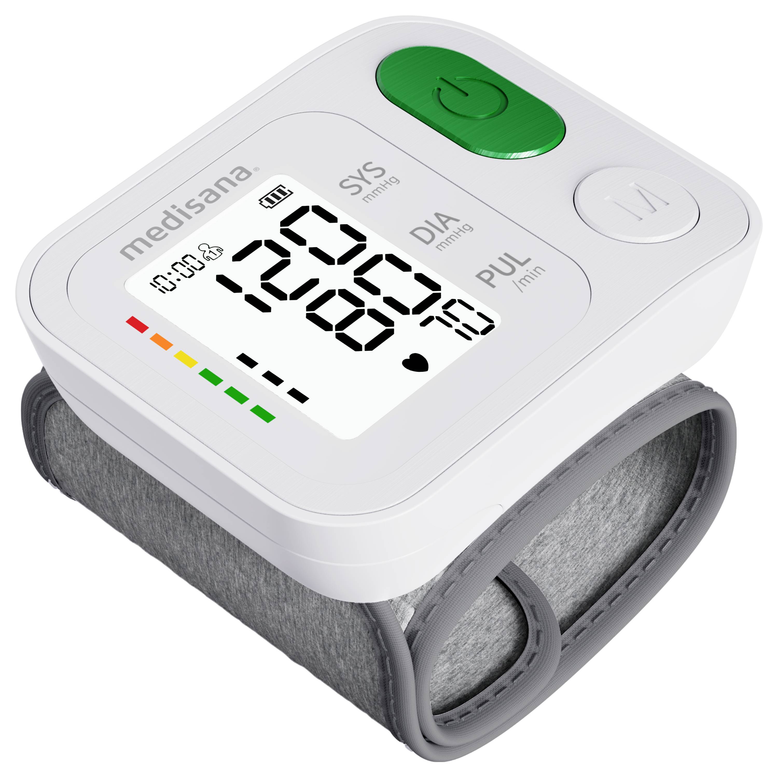 Blutdruckmessgerät zur Messung von Systole, Diastole und Puls. Digitales Display zeigt Messwerte an. Armband zur Befestigung am Handgelenk.