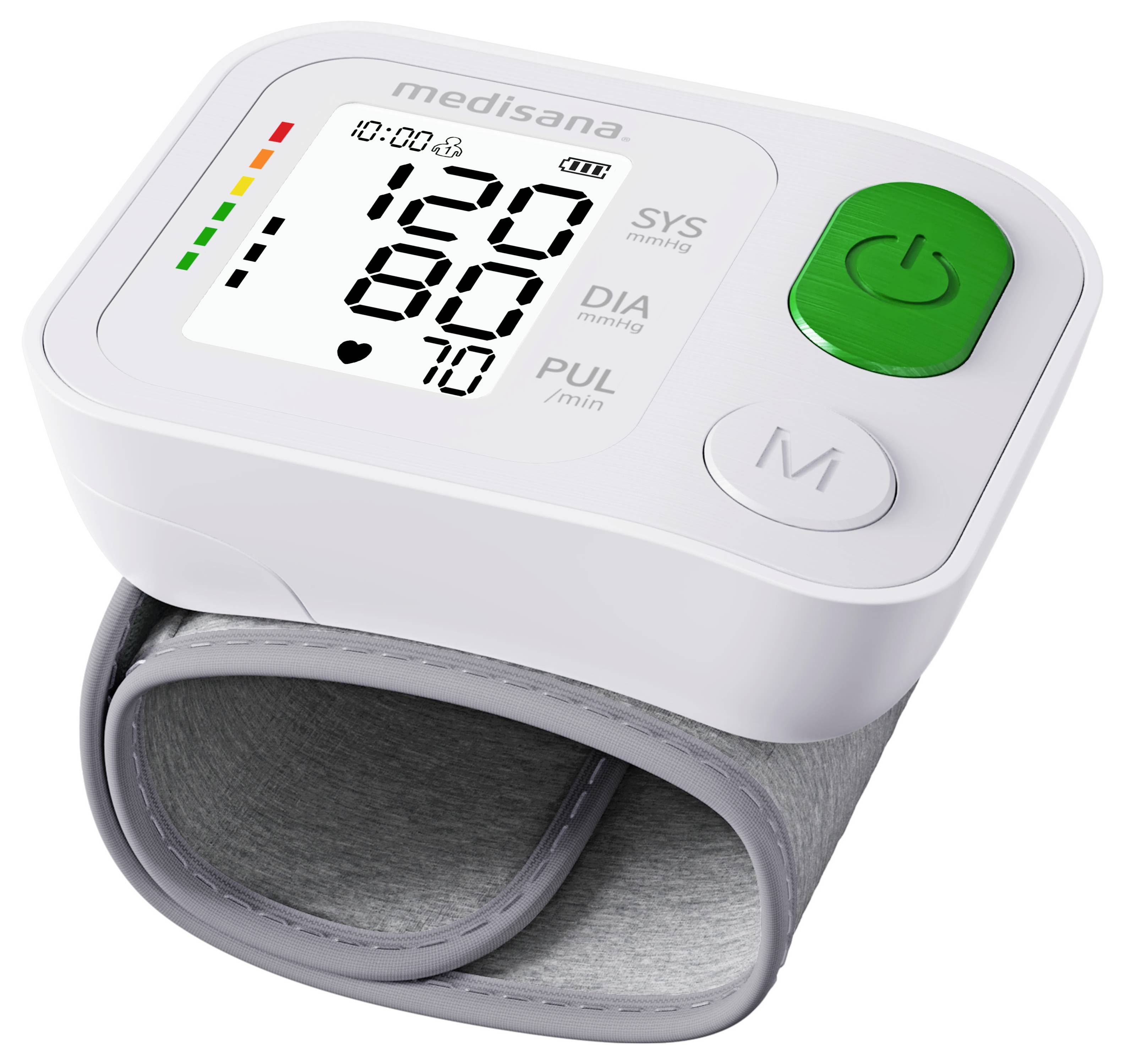 Blutdruckmessgerät für das Handgelenk mit digitalem Display, zeigt Zeit, SYS/DIA-Werte, Puls und einen grünen Einschaltknopf.