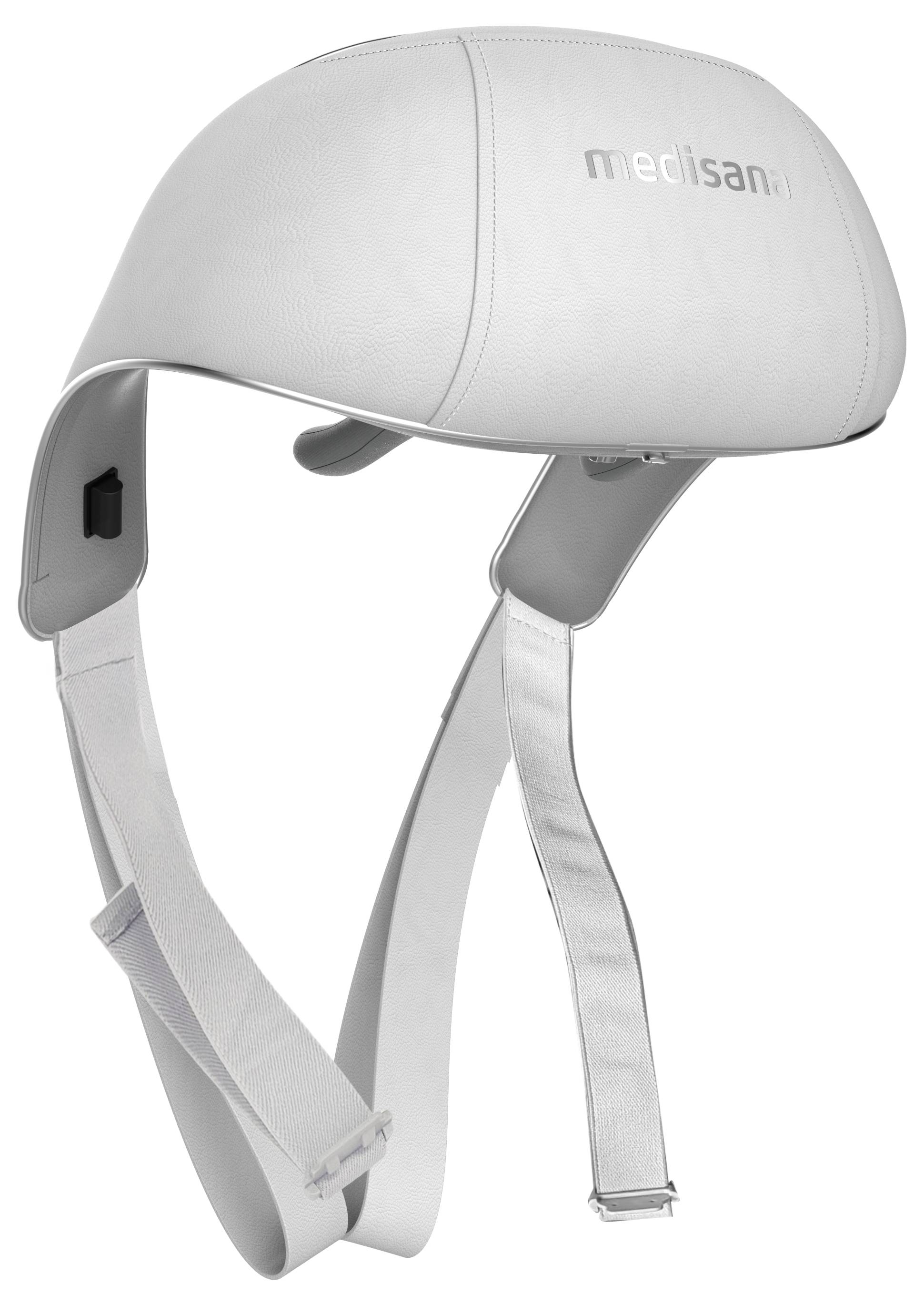 Ein weißer Kopf-Massagehelm mit grauem Logo 'medisana', verstellbaren Riemen und weicher Polsterung zur Entspannung und Massage.