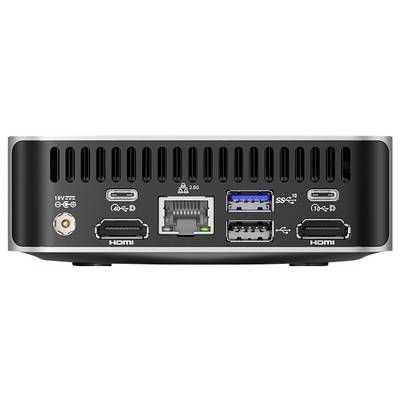 Rückansicht eines Mini-PCs mit mehreren Anschlüssen: zwei HDMI, ein Ethernet, vier USB (zwei Typ-C, zwei Typ-A), Antennenanschluss.