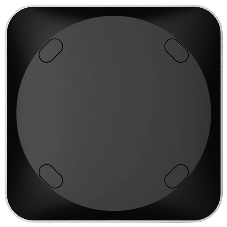 Ein quadratisches, dunkelgraues Gehäuse mit gerundeten Ecken und einem runden, erhabenen Element in der Mitte, umgeben von vier kleinen Schrauben.