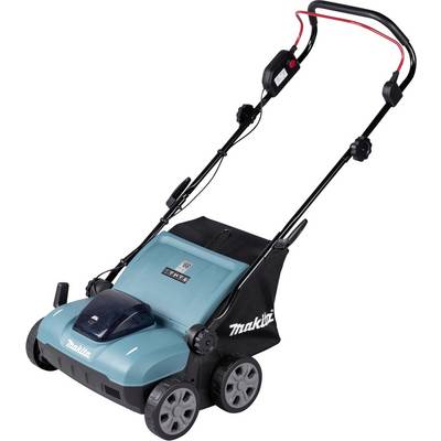 Elektrischer Rasenlüfter in Blau mit vier Rädern, Griff und Fangkorb, geeignet zur Rasenpflege und Moosentfernung.