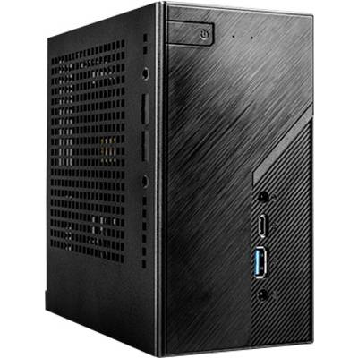 Kleiner, schwarzer Desktop-Computer mit seitlichen Belüftungsschlitzen und mehreren vorderen Anschlussmöglichkeiten.