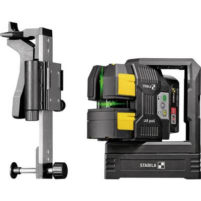 Ein Lasernivelliergerät und eine Halterung, geeignet für präzise Messungen auf Baustellen. Gerät hat grüne Laserlinien.