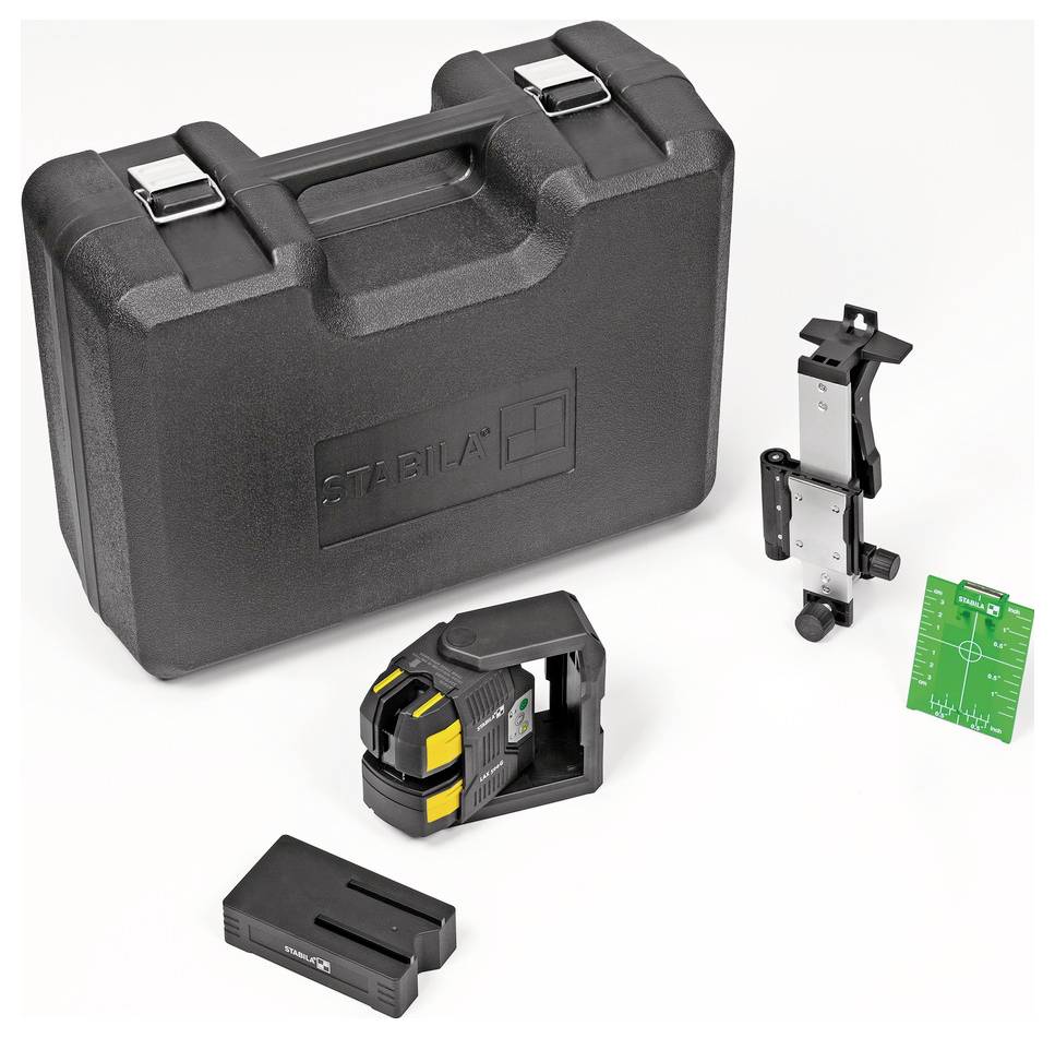 Komplettes Lasernivellier-Set bestehend aus einem Kreuzlinienlaser, Halterung, Zieltafel und Transportkoffer für präzise Messungen.