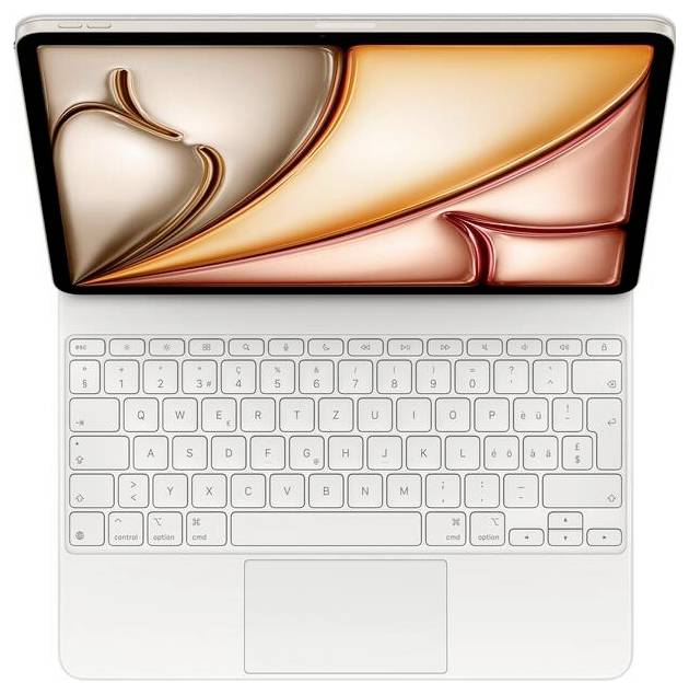 Ein Laptop mit aufgeklapptem Display zeigt ein kunstvolles, abstraktes Bild. Tastatur und Trackpad sind sichtbar.