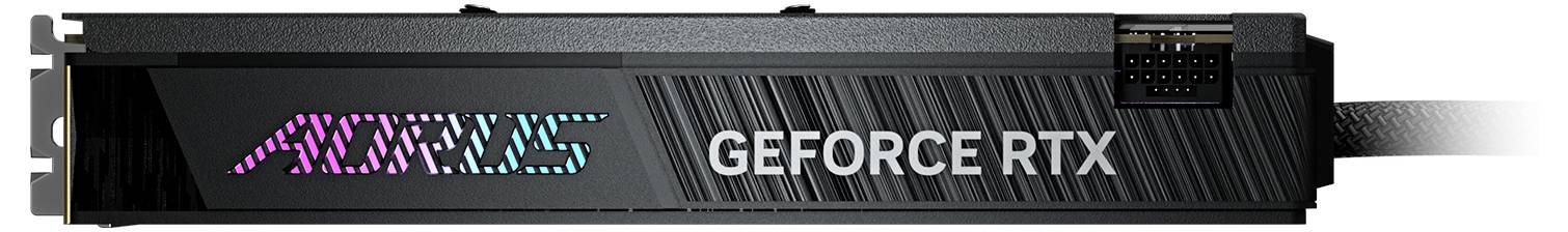 Grafikkarte von oben mit 'AORUS' und 'GEFORCE RTX' Schriftzug, zeigt ein modernes Design mit RGB-Beleuchtung und seitlichem Stromanschluss.