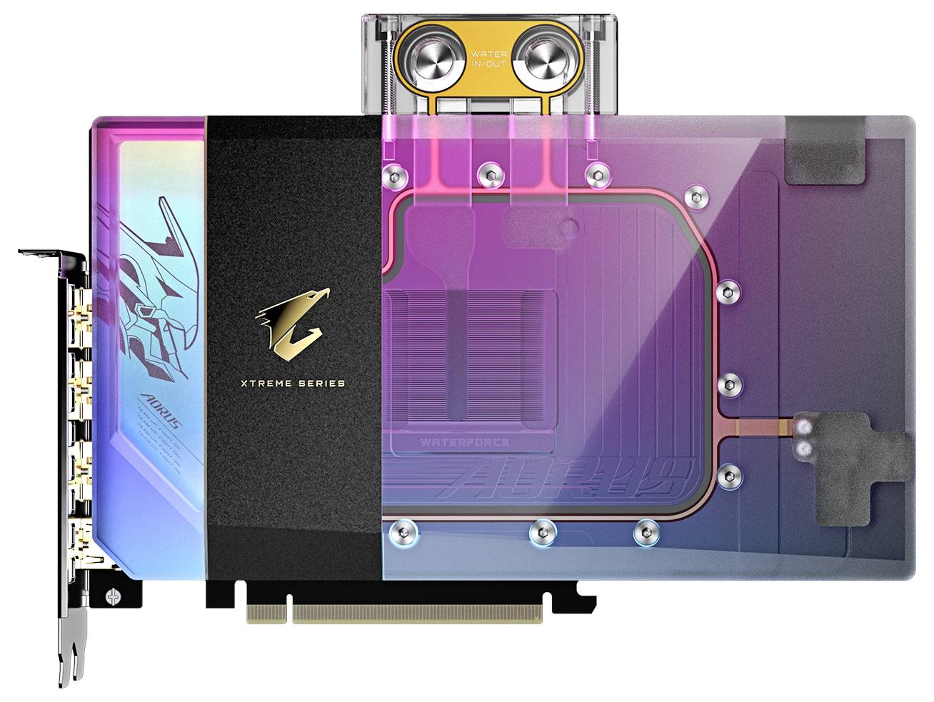 Grafikkarte mit auffälligem RGB-Design und goldfarbenem Logo. Sie verfügt über mehrere Display-Ausgänge und ein leistungsstarkes Kühlsystem.