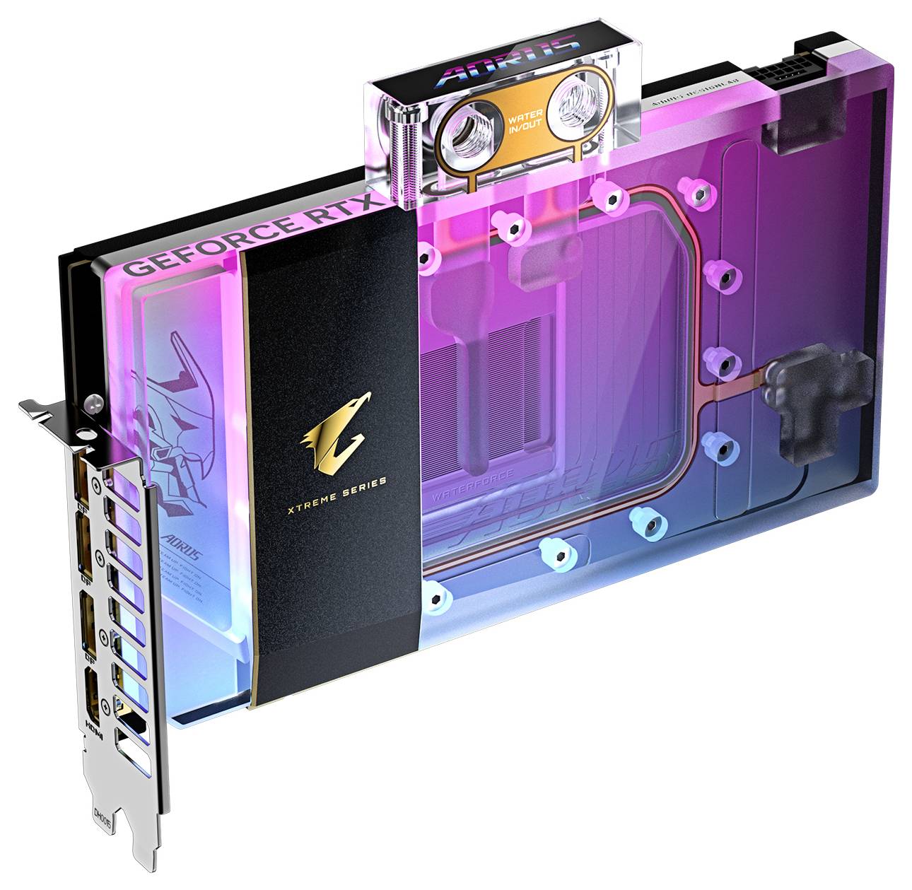 Wasserkühlung-Grafikkarte mit buntem LED-Licht, markiert als 'GeForce RTX' und 'AORUS', zeigt einen transparenten Kühlblock.