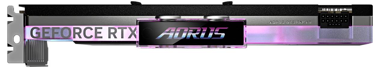 Grafikkarte im Querformat, mit den Aufschriften 'GEFORCE RTX' und 'AORUS', zeigt eine RGB-beleuchtete Kante.