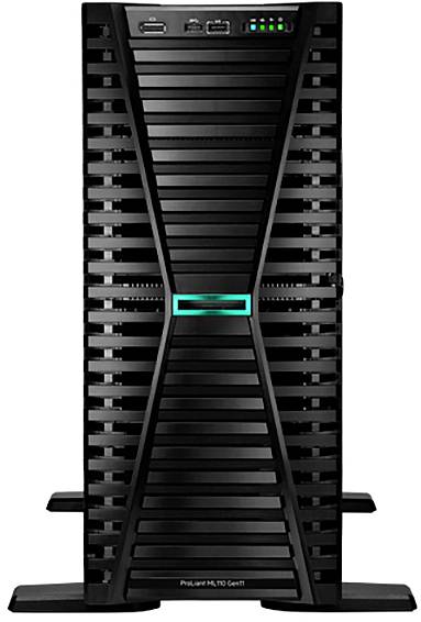 Ein schwarzer Computer-Server mit Lüftungsschlitzen und Anzeigen oben. Modell: 'ProLiant ML110 Gen10' steht unten.