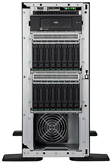 Servergehäuse mit 16 Festplatteneinschüben und integriertem Lüfter unten, geeignet für Datenspeicherung und -verwaltung in Rechenzentren.