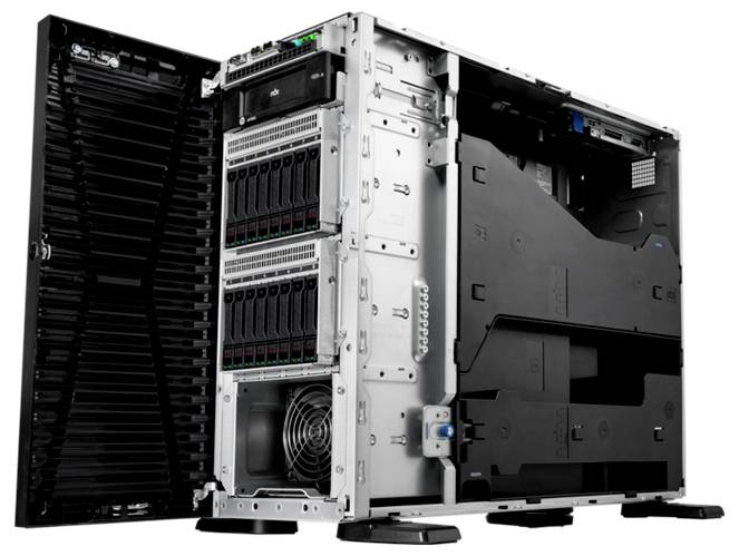 Ein offener Computer-Server zeigt mehrere Festplatteneinschübe und Lüfter im Inneren.