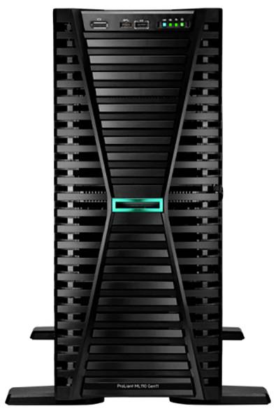 Ein schwarzer Serversystem-Tower, weist oben USB-Ports und LED-Anzeigen auf, symbolisiert Leistungsstärke und Netzwerkverbindung.