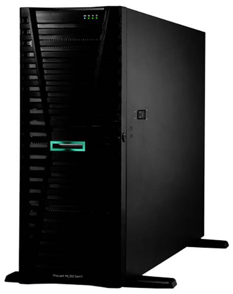 Ein schwarzer Server-Tower mit vertikalen Lüftungsschlitzen und einem kleinen leuchtenden Logo in der Mitte der Vorderseite.