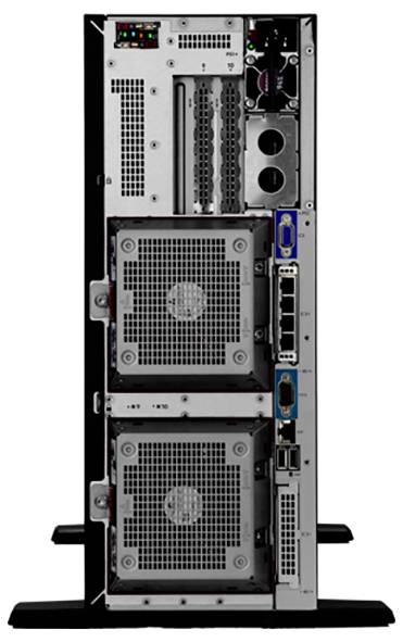 Rückseite eines Servergehäuses mit Anschlüssen und Lüftern. Mehrere USB- und Netzwerkanschlüsse. Zwei große Lüfter sorgen für Kühlung.