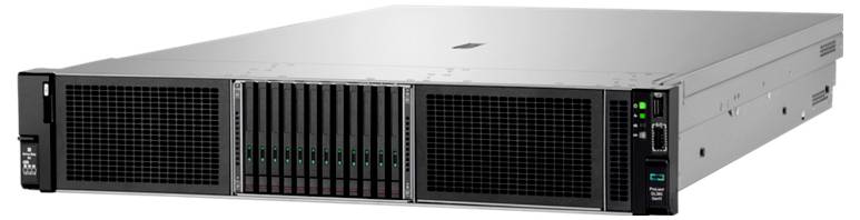 Silberner Server mit schwarzen Lüftungsgittern und Kontrollleuchten vorne. Geeignet für Rechenzentren zur Datenverarbeitung.