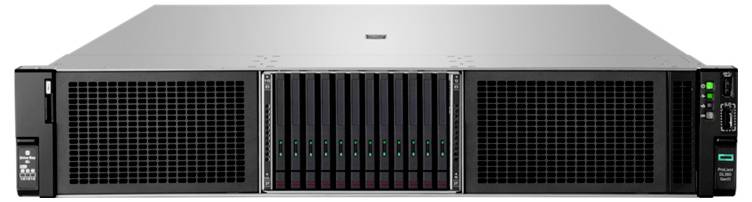 Silberner Server-Rack mit schwarzen Lüftungsschlitzen und mehreren Festplattenschächten in der Frontansicht.