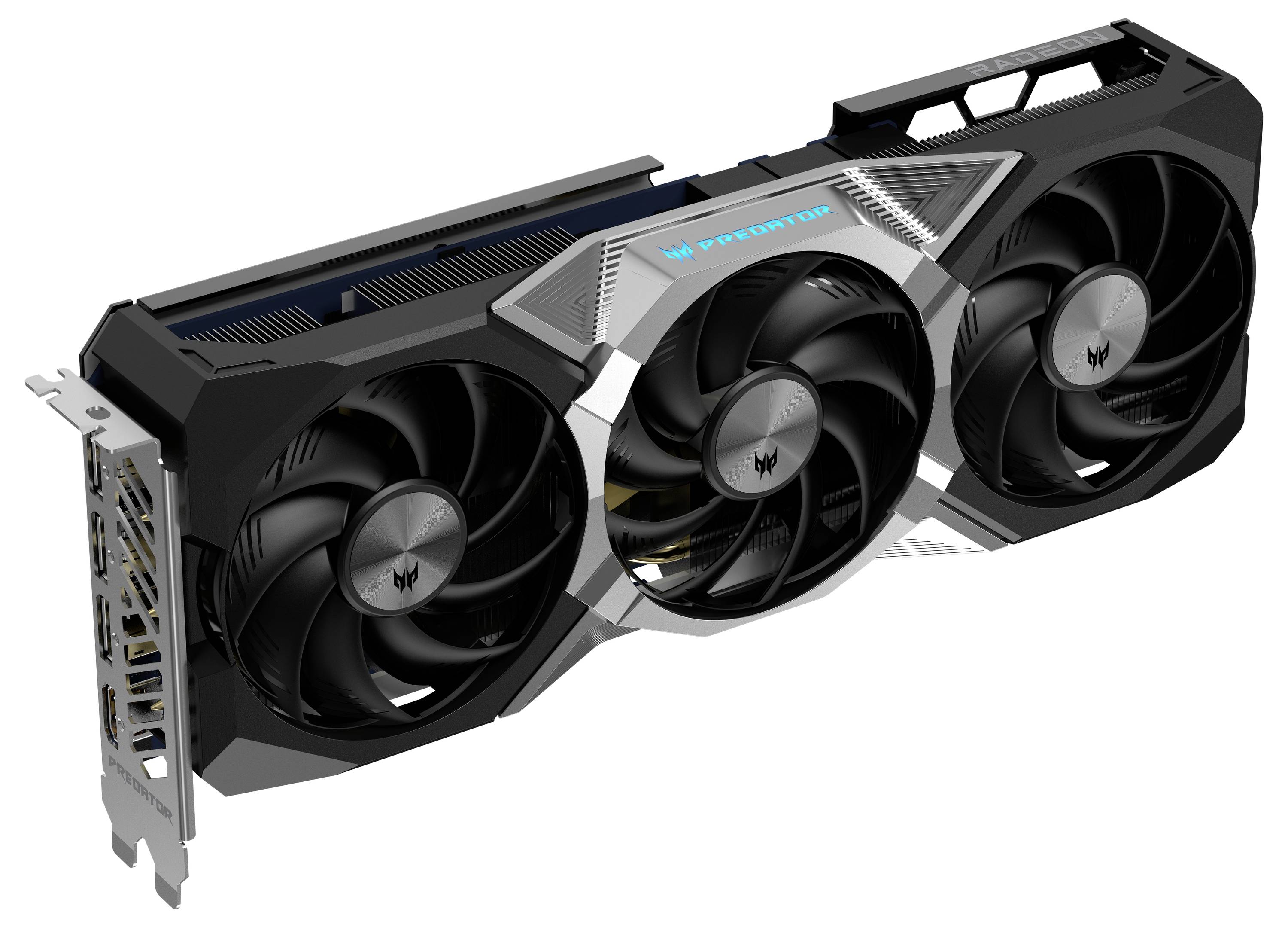 Schwarze Grafikkarte mit drei Lüftern und blauen Akzenten.