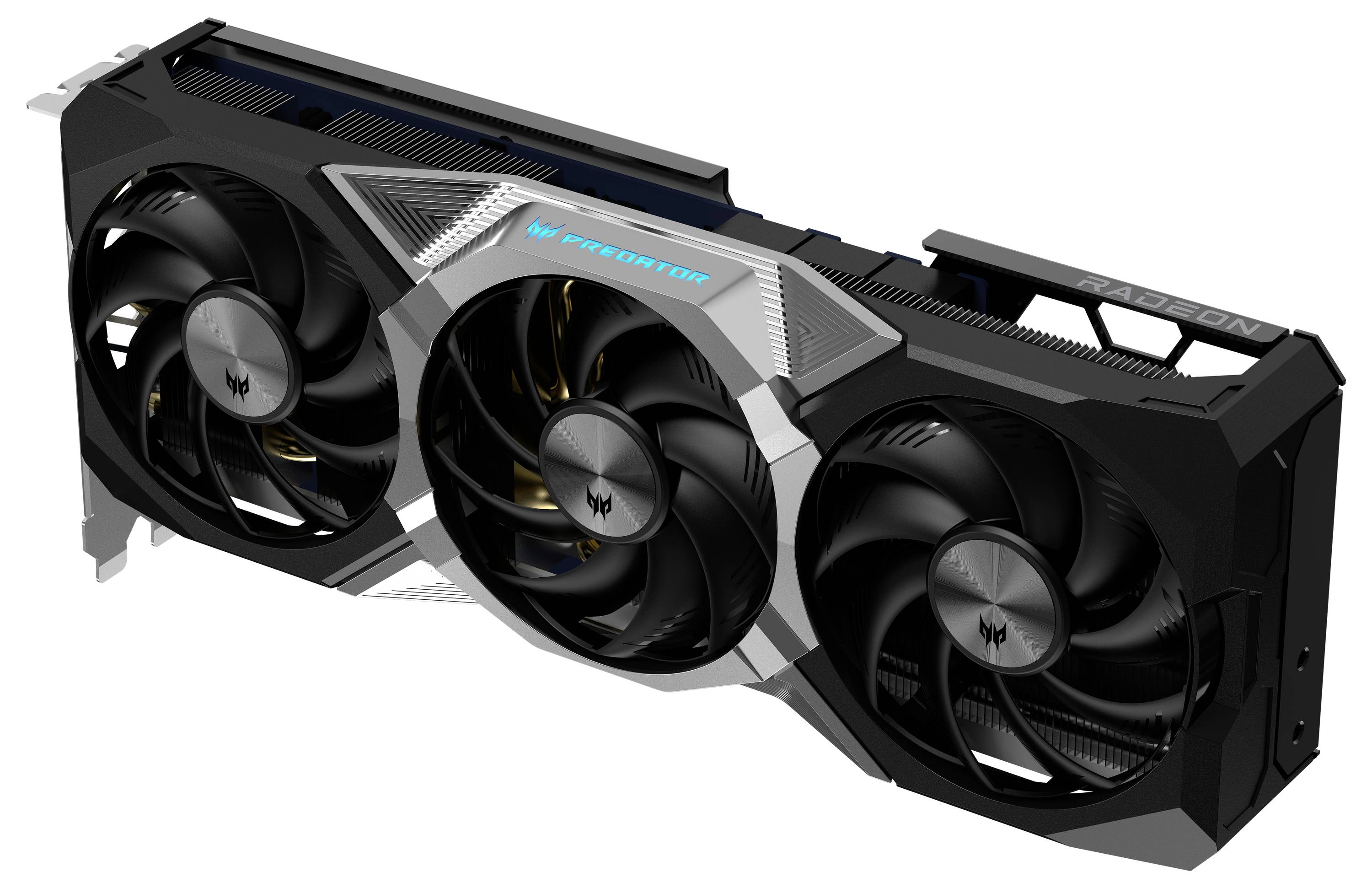 Eine schwarze Computer-Grafikkarte mit drei Lüftern und blauen Akzenten; Modell 'Predator' oben sichtbar.