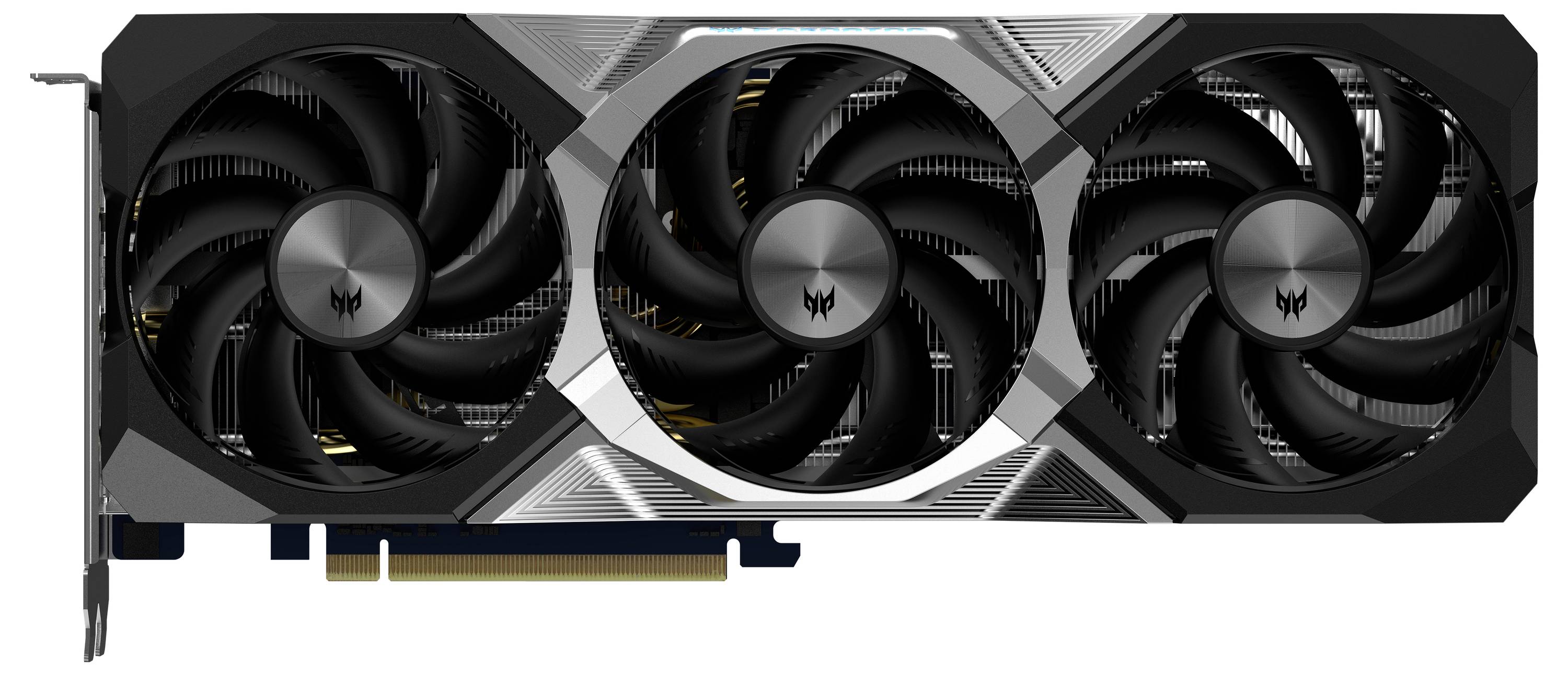 Eine Gaming-Grafikkarte mit drei Lüftern zur Kühlung, erkennbar an den stilisierten Ventilatoren und dem PCIe-Anschluss unten.