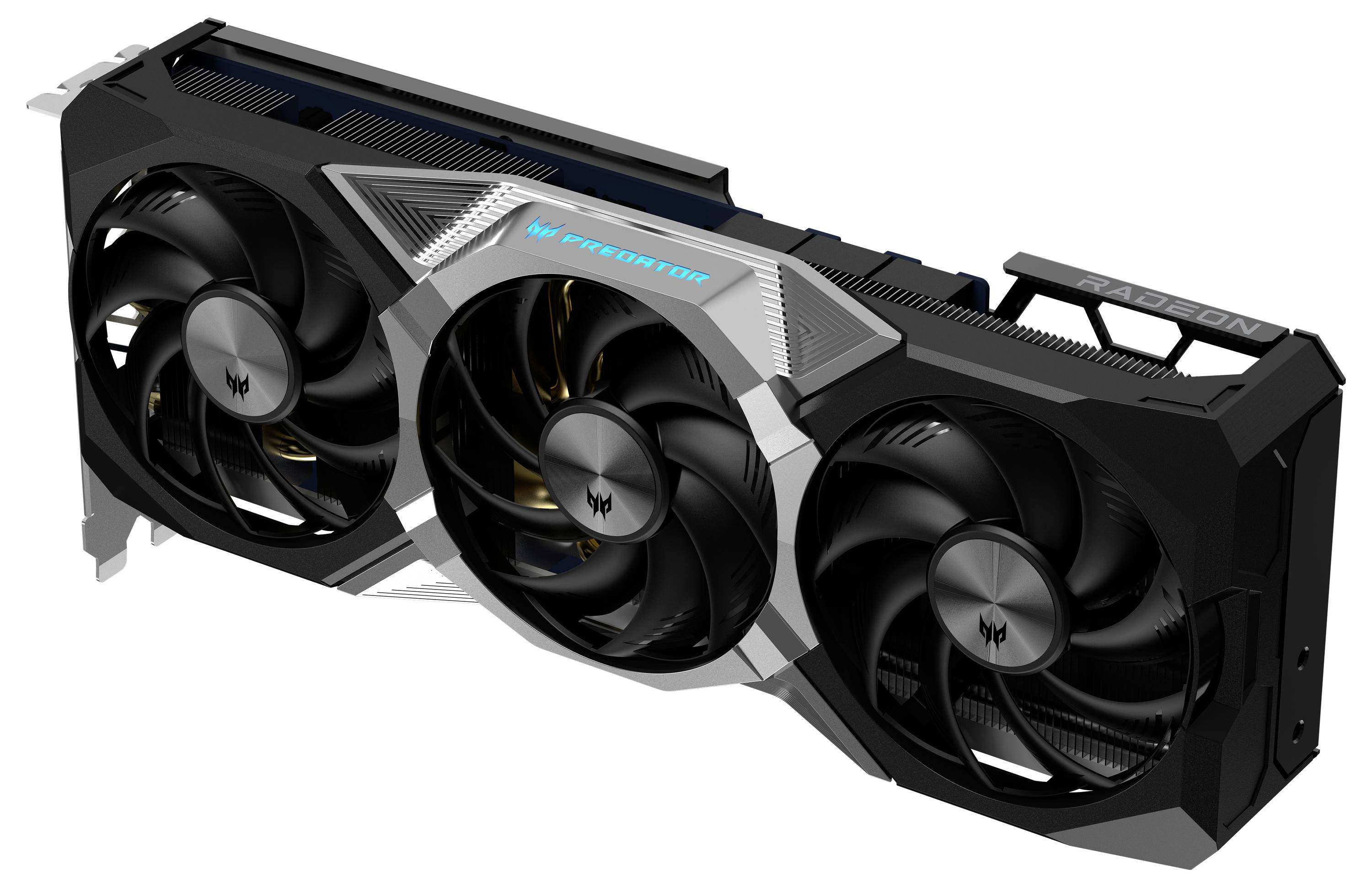 Eine schwarze Grafikkarte mit drei Lüftern und metallischen Akzenten, geeignet für leistungsintensive Computeranwendungen.
