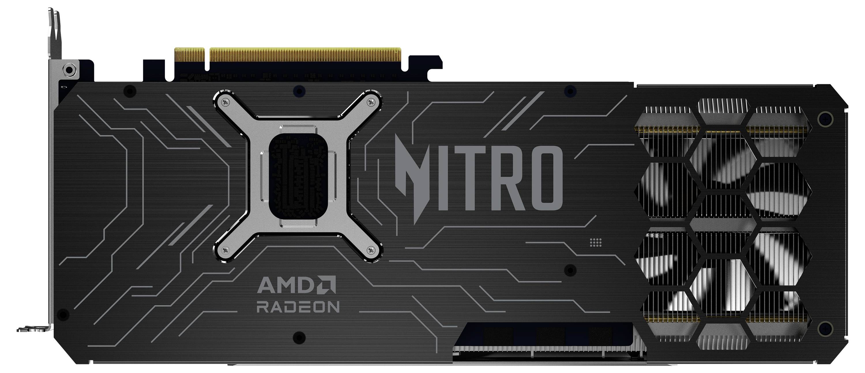 Grafikkarte Nitro von AMD Radeon, schwarze Abdeckung mit metallischem Muster, Lüfter rechts.