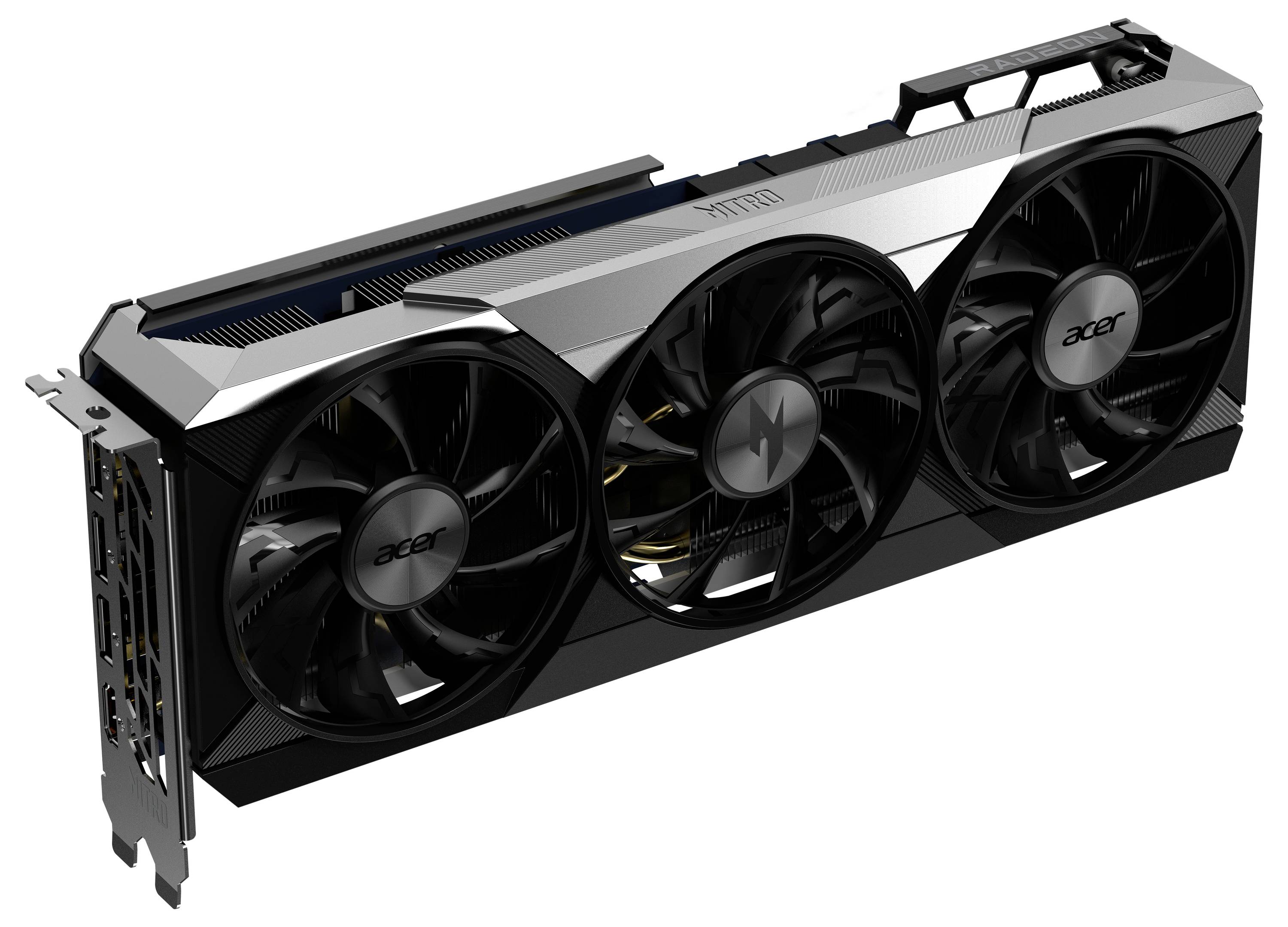 Eine dreifache Lüftergrafikkarte in Schwarz-Silber von Acer, Modell 'Nitro'. Designed für leistungsstarkes Gaming und Grafikverarbeitung.