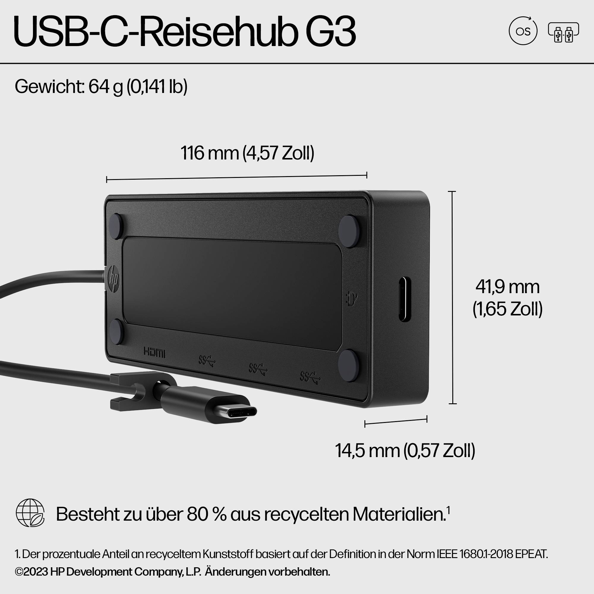 'USB-C-Reisehub G3'. Abmessungen: 116 mm x 41,9 mm x 14,5 mm. Gewicht: 64 g. Hergestellt aus über 80 % recycelten Materialien.