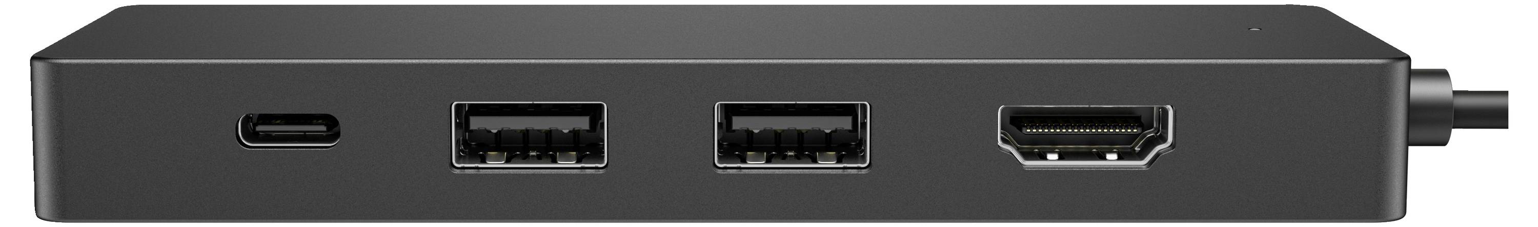 'Schwarzer USB-Hub mit zwei USB-A- und einem HDMI-Anschluss, geeignet zum Anschluss mehrerer Geräte an einen Computer.'