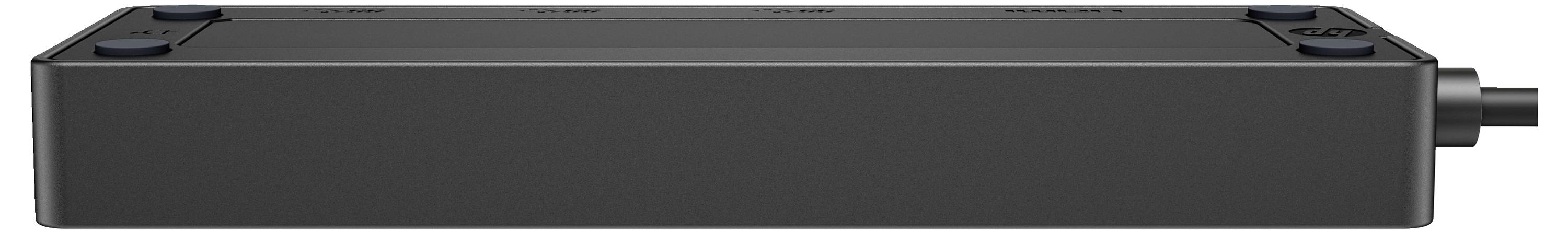 Ein rechteckiger, schwarzer Lautsprecher mit einem Subwoofer an der Seite.