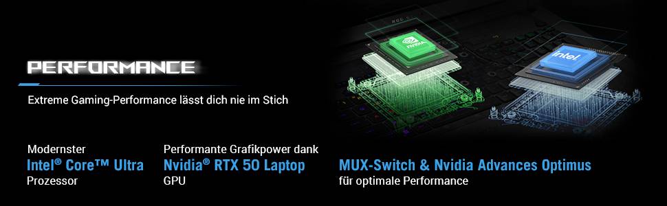 Kombination aus Intel-CPU und Nvidia-GPU für extreme Gaming-Performance. MUX-Switch und Nvidia Optimus für optimale Leistung.