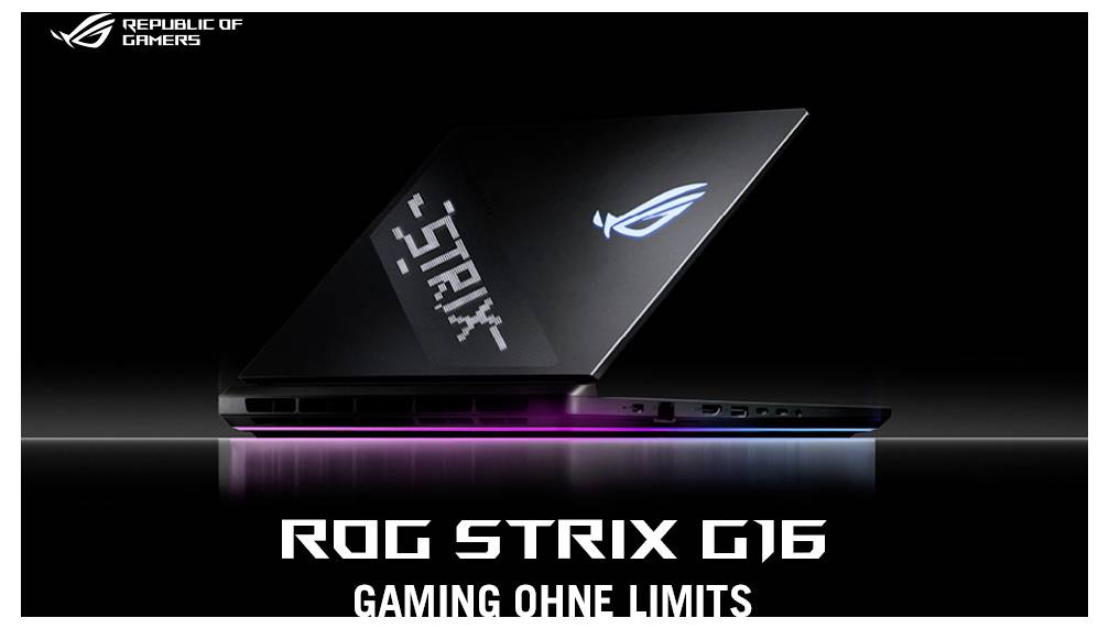 Ein schwarzes Gaming-Laptop-Modell 'ROG Strix G16' zeigt das Logo der Republic of Gamers auf dem Deckel. Text darunter: 'Gaming ohne Limits'.