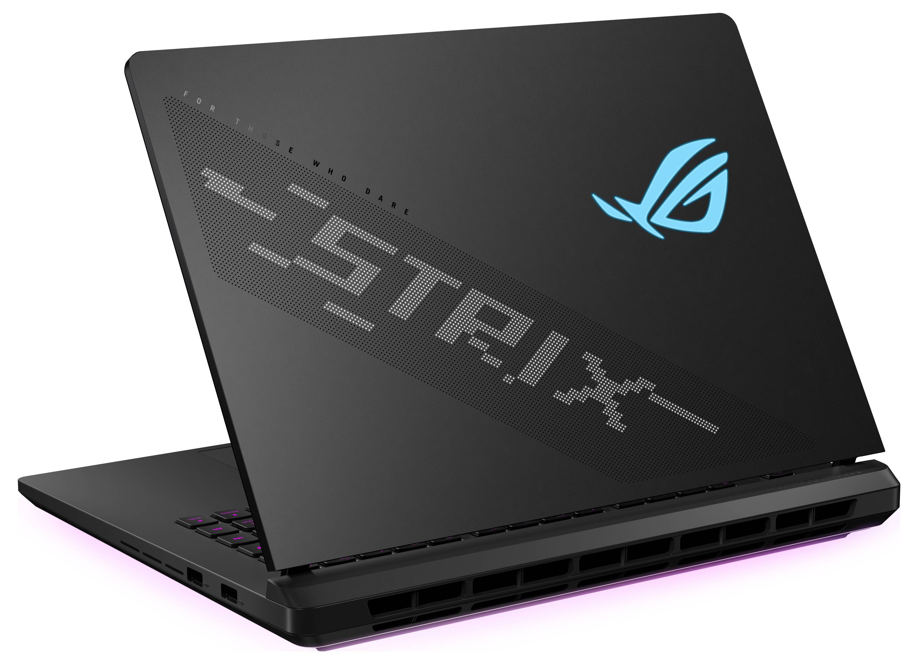 Ein schwarzer Gaming-Laptop mit einem leuchtenden Logo und dem Schriftzug 'STRIX' auf dem Deckel.