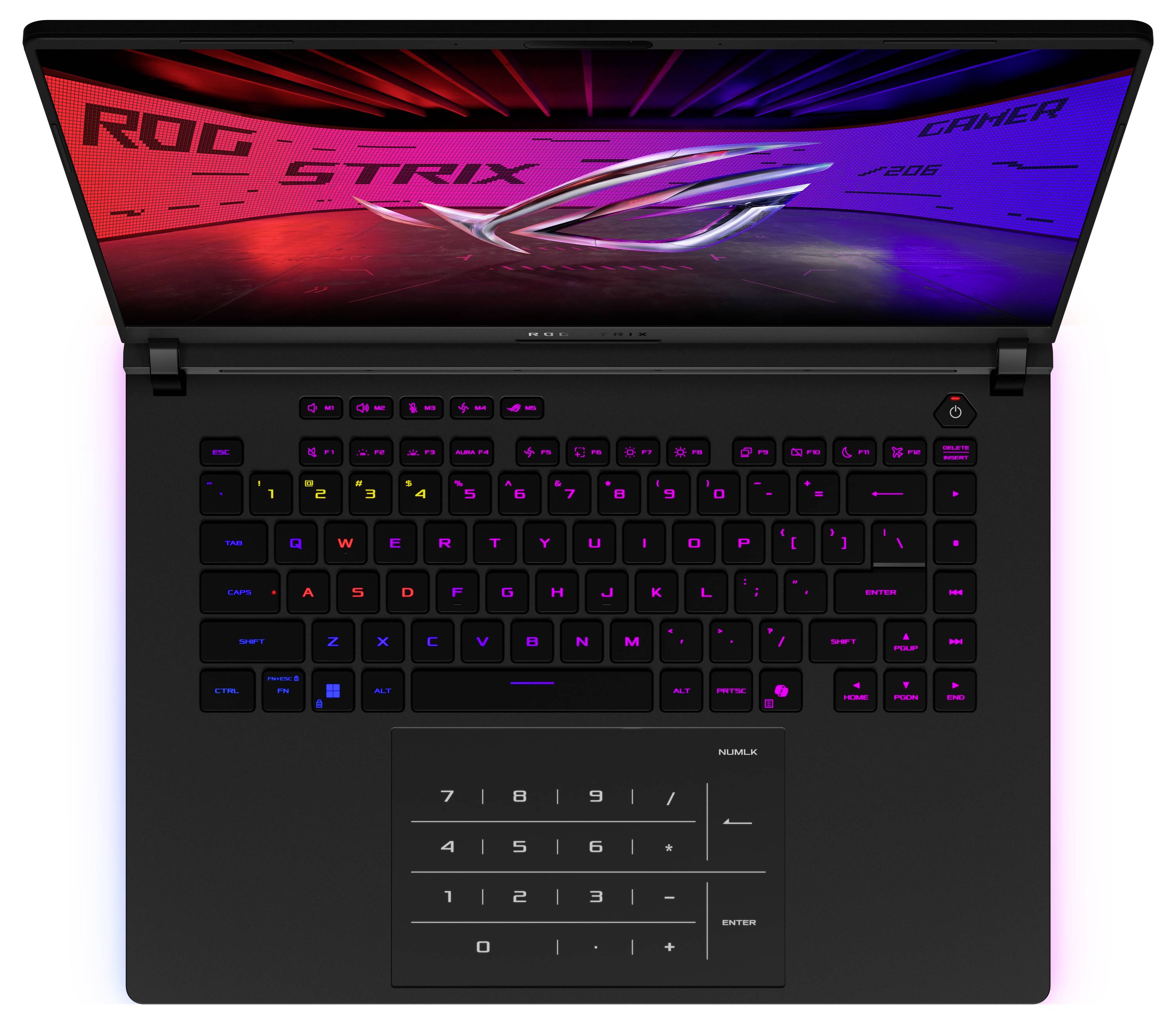 Ein Laptop mit beleuchteter Tastatur und zusätzlichem Tastenfeld auf dem Touchpad. Der Bildschirm zeigt ein 'ROG STRIX'-Logo.