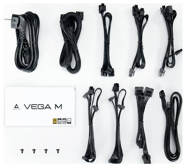 Netzteil-Zubehör-Set mit verschiedenen schwarzen Kabeln und Schrauben, inklusive Anleitung mit der Aufschrift 'VEGA M', 80 PLUS-Zertifizierung.