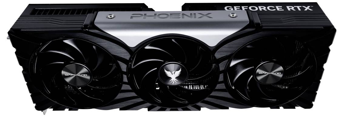 Eine schwarze Grafikkarte mit drei Lüftern und der Aufschrift 'PHOENIX' und 'GEFORCE RTX' auf dem Gehäuse.