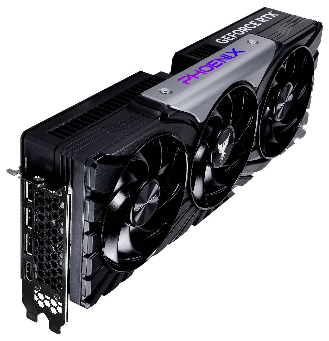 Eine schwarze Grafikkarte mit drei Lüftern und der Aufschrift 'GEFORCE RTX' und 'PHOENIX' in violett.