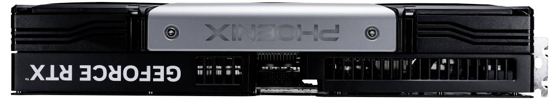 Eine Grafikkarte mit der Aufschrift 'GEFORCE RTX' und 'PHOENIX'. Sie hat ein schwarzes und silberfarbenes Design mit sichtbaren Lüftern.